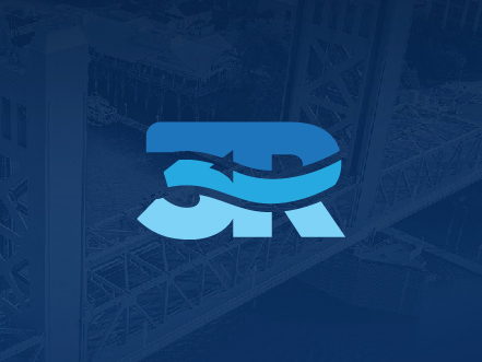 Stylized '3R' logo mark for Three Rivers Heating and Air featuring airflow arrows, set against a dark blue background with a subtle overlay of the Sacramento Tower Bridge.