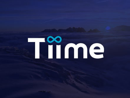 White Tiime logo featuring a cyan infinity symbol formed by the letter 'i's, overlaid on a dark, majestic mountain landscape at twilight representing long-term impact.