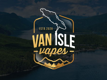 Gold badge logo for Van Isle Vapes featuring the Vancouver Island outline and vapor clouds, set against a moody river and forest background.