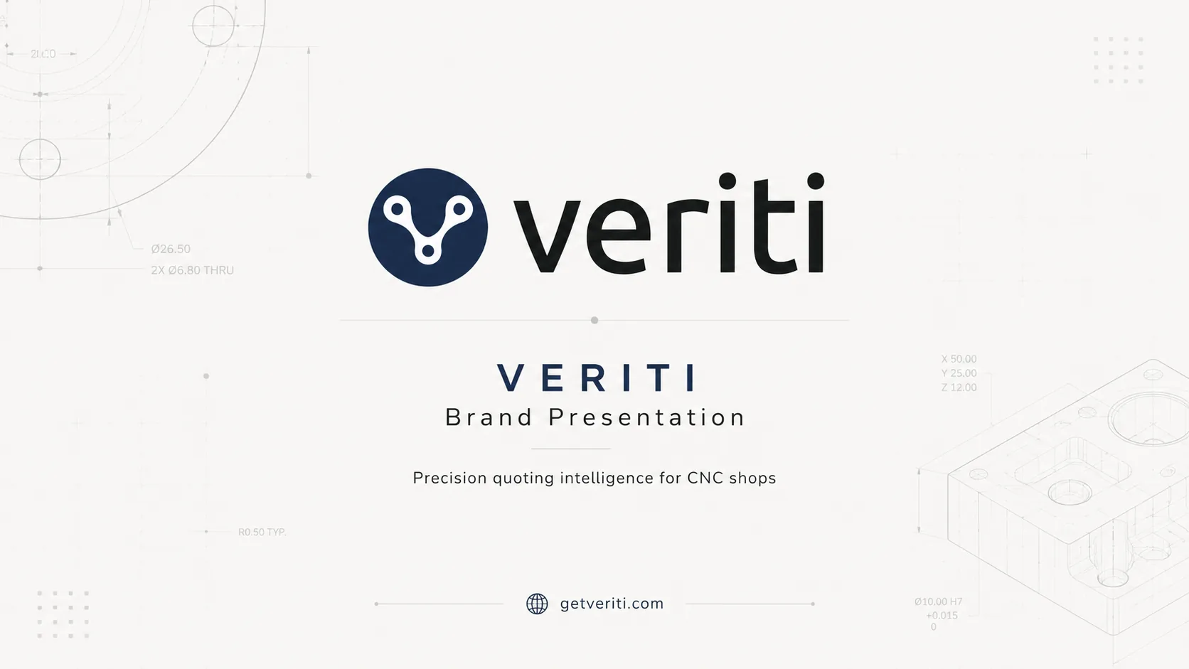Veriti clean brand presentation cover with logo and decision trail blueprint details