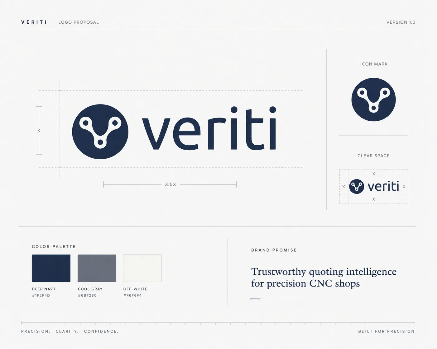 Veriti logo system specification sheet with node mark, wordmark, color palette, and precision CNC quoting notes