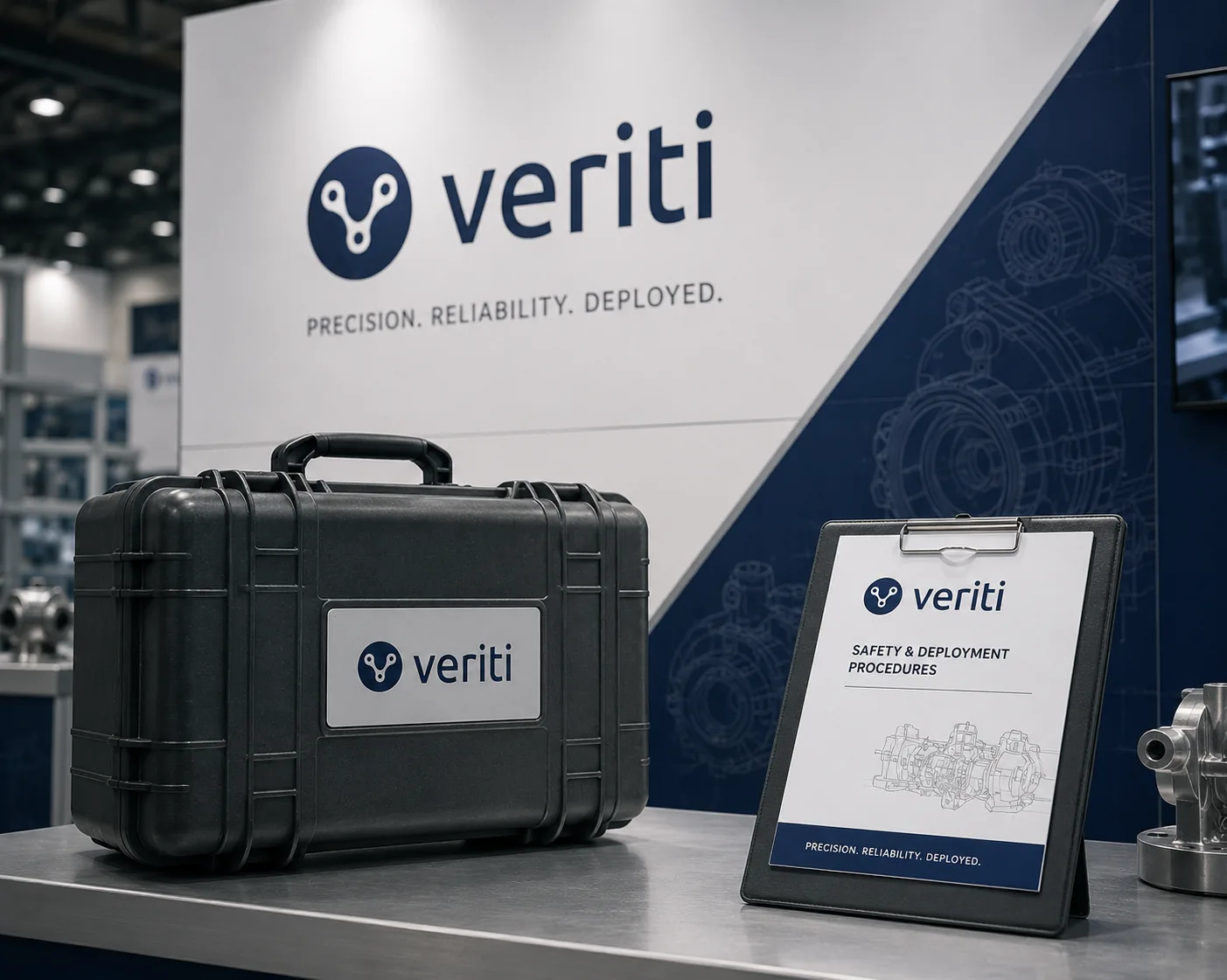 Veriti shop-floor capture kit with logo case, booth backdrop, and CNC trade show materials