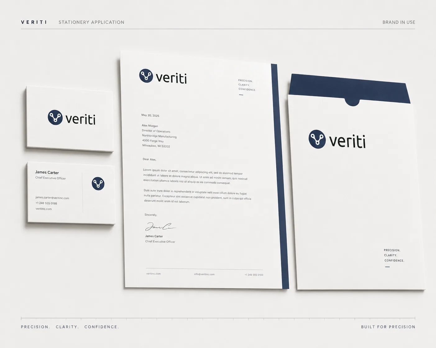 Veriti stationery and sales collateral with letterhead, business cards, and folder