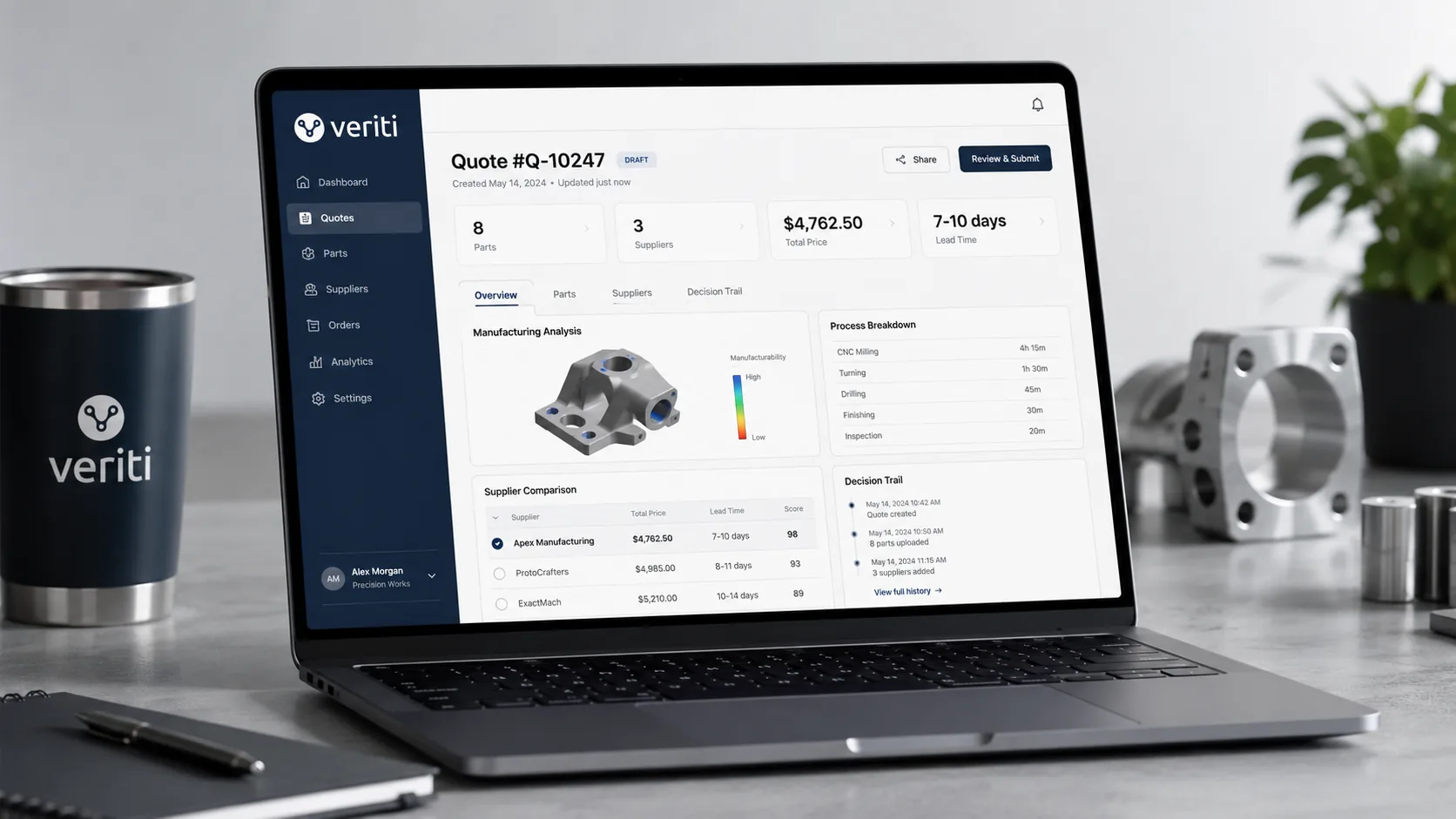 Veriti quote workstation laptop detail with CNC part drawing and estimate interface