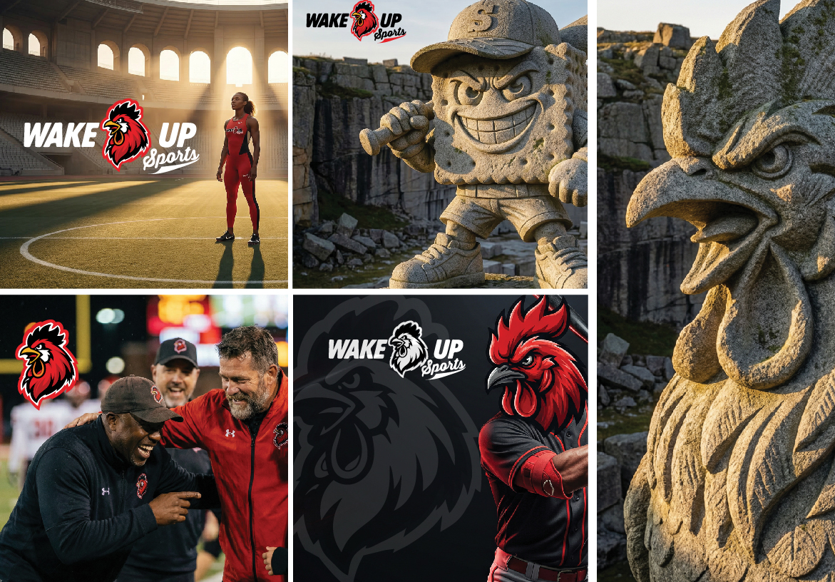 Wake Up Sports brand identity collage showing mascot logo in stadium settings, coaching scenes, and brand applications