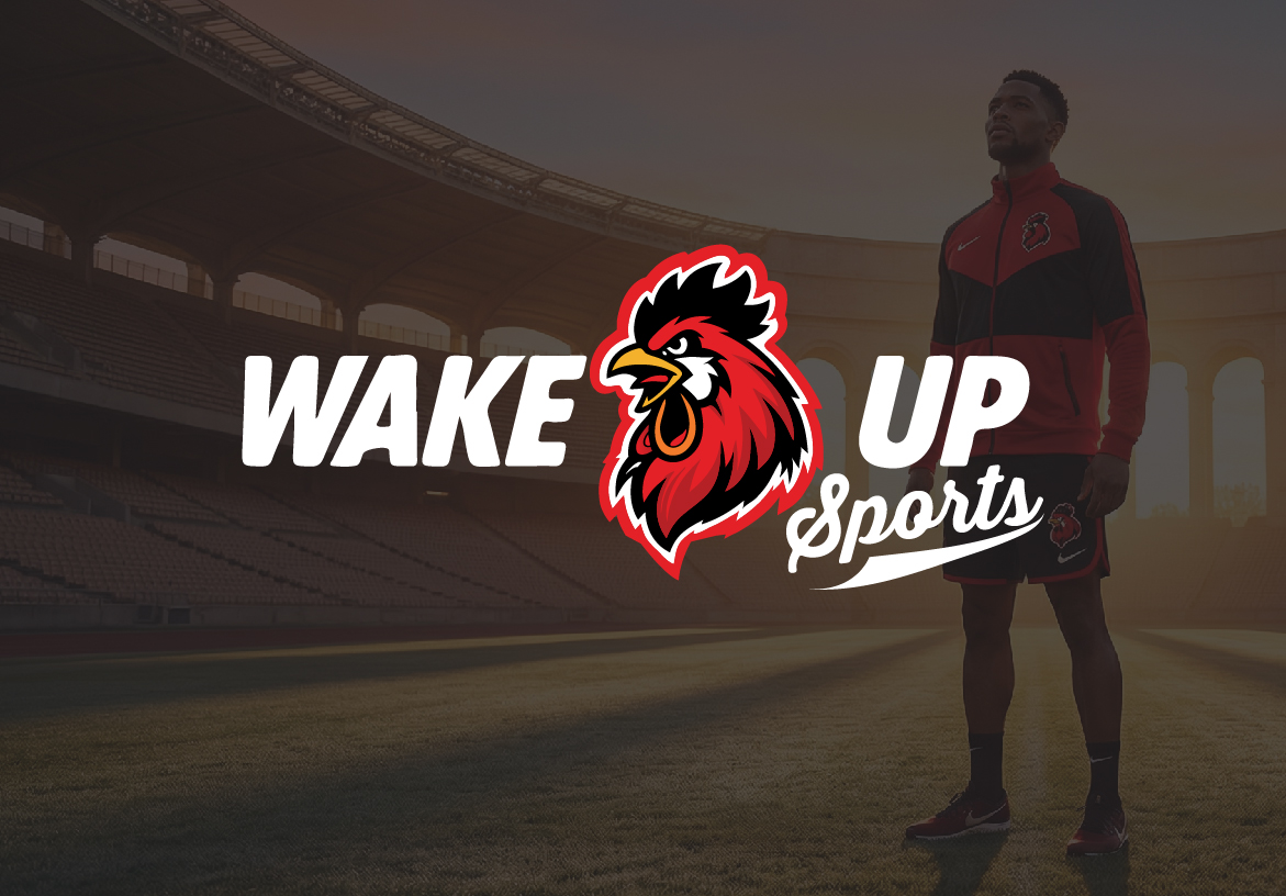 Wake Up Sports full logo with rooster mascot and bold wordmark on a stadium background with athlete in red and black gear