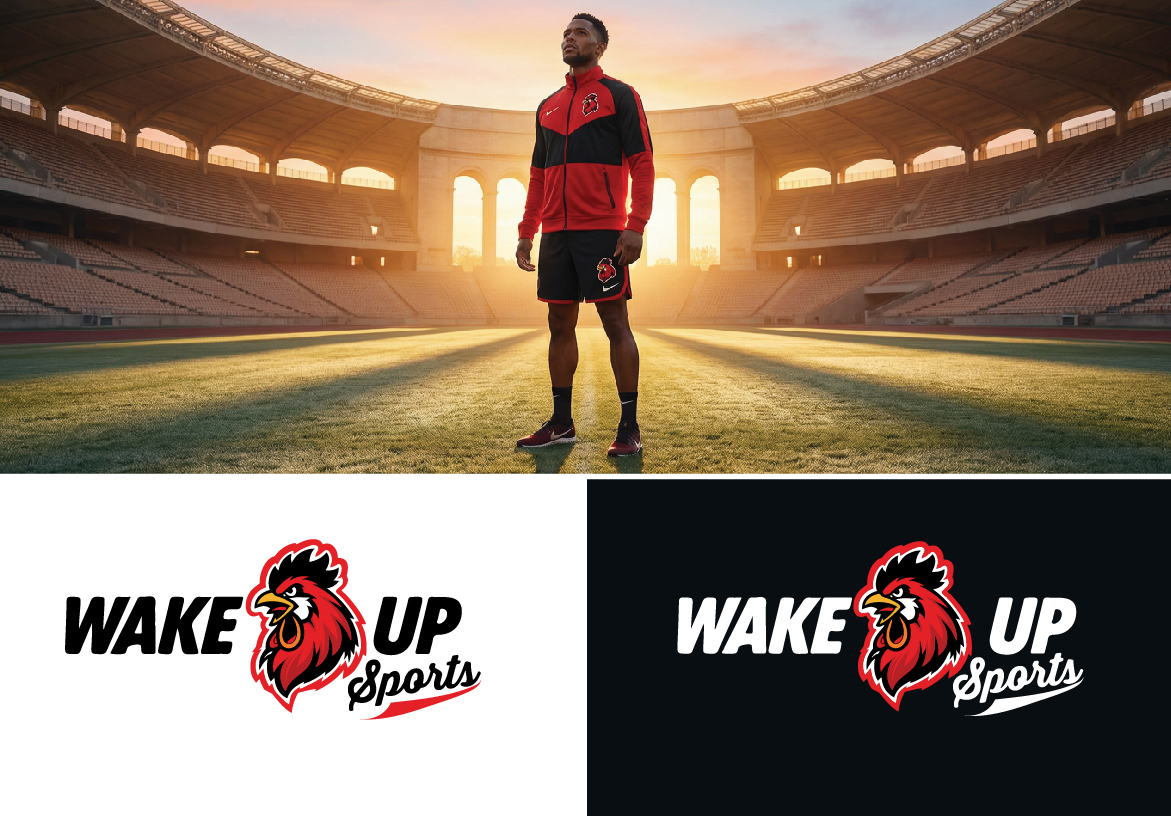 Wake Up Sports logo variations on light and dark backgrounds with athlete portrait in stadium at golden hour