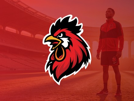 Wake Up Sports rooster mascot logo design for bold sportswear brand in red and black