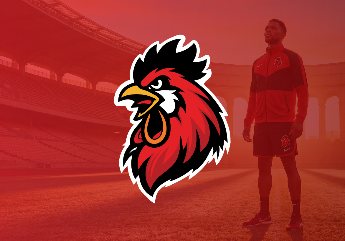 Wake Up Sports rooster mascot logo in bold red and black on a stadium background with athlete in branded gear