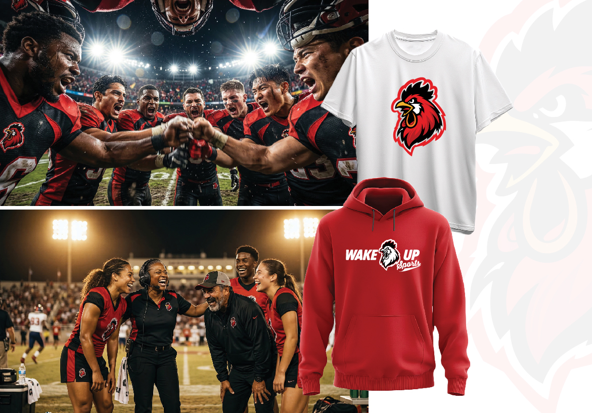 Wake Up Sports branded apparel including t-shirt and hoodie with rooster mascot logo alongside team and coaching photography
