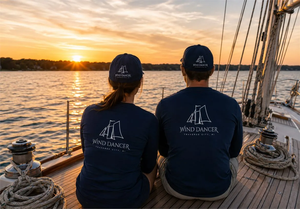 Wind Dancer crew shirts shown from behind on a sailboat deck at sunset
