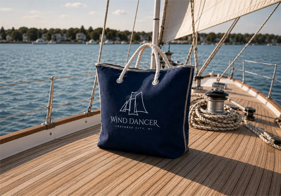 Wind Dancer navy tote bag displayed on a wooden sailboat deck