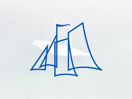 Minimalist blue line-art logo of the Wind Dancer schooner, designed for high-end sailing tours in Traverse City, Michigan.