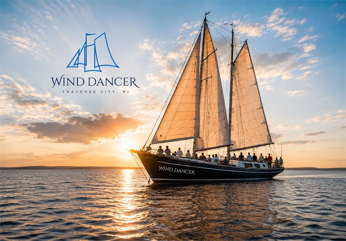 Wind Dancer logo over a sunset schooner sailing scene in Traverse City