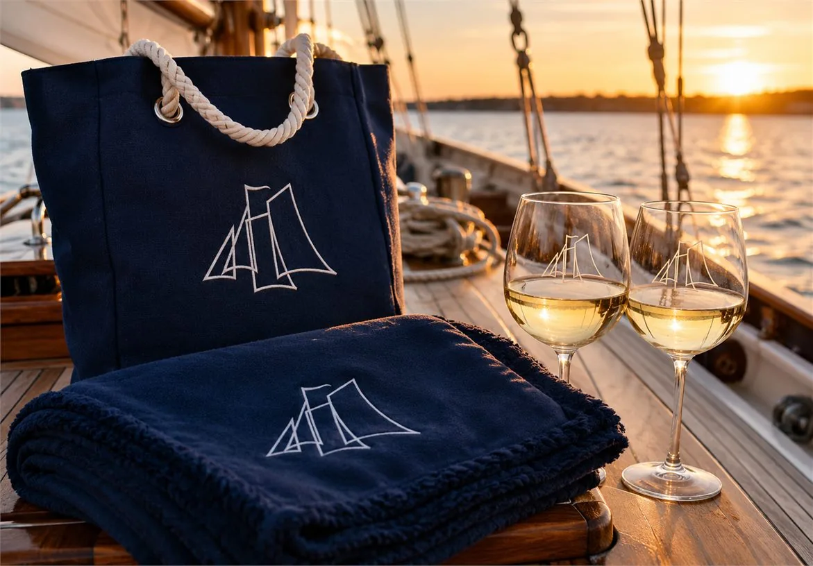 Wind Dancer tote blanket and wine glasses on a sunset sailboat deck