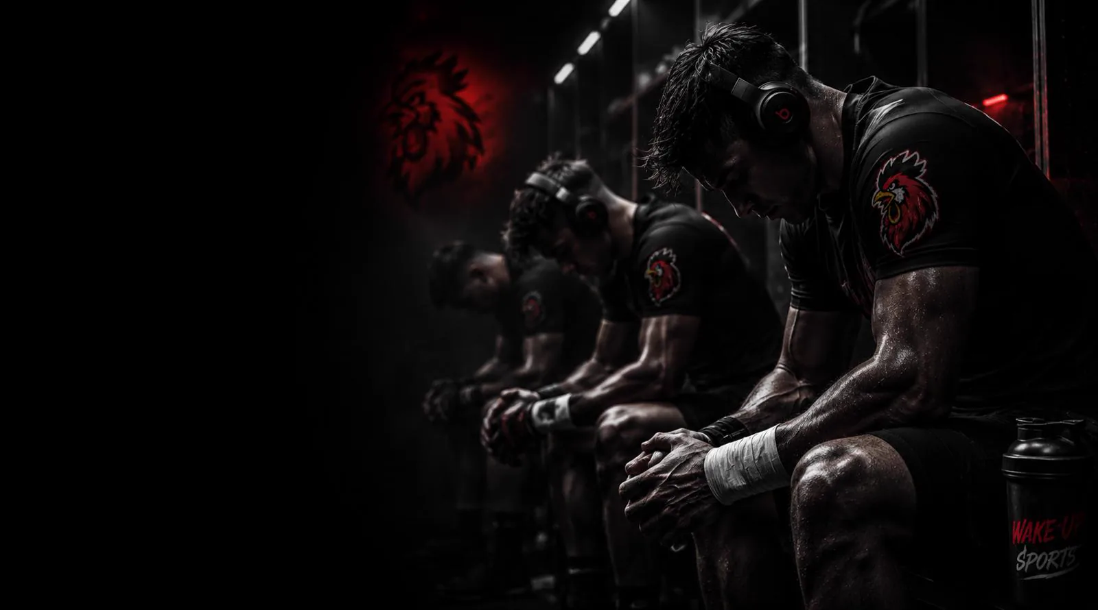 Wake Up Sports apparel visual in a dark locker room with rooster branding