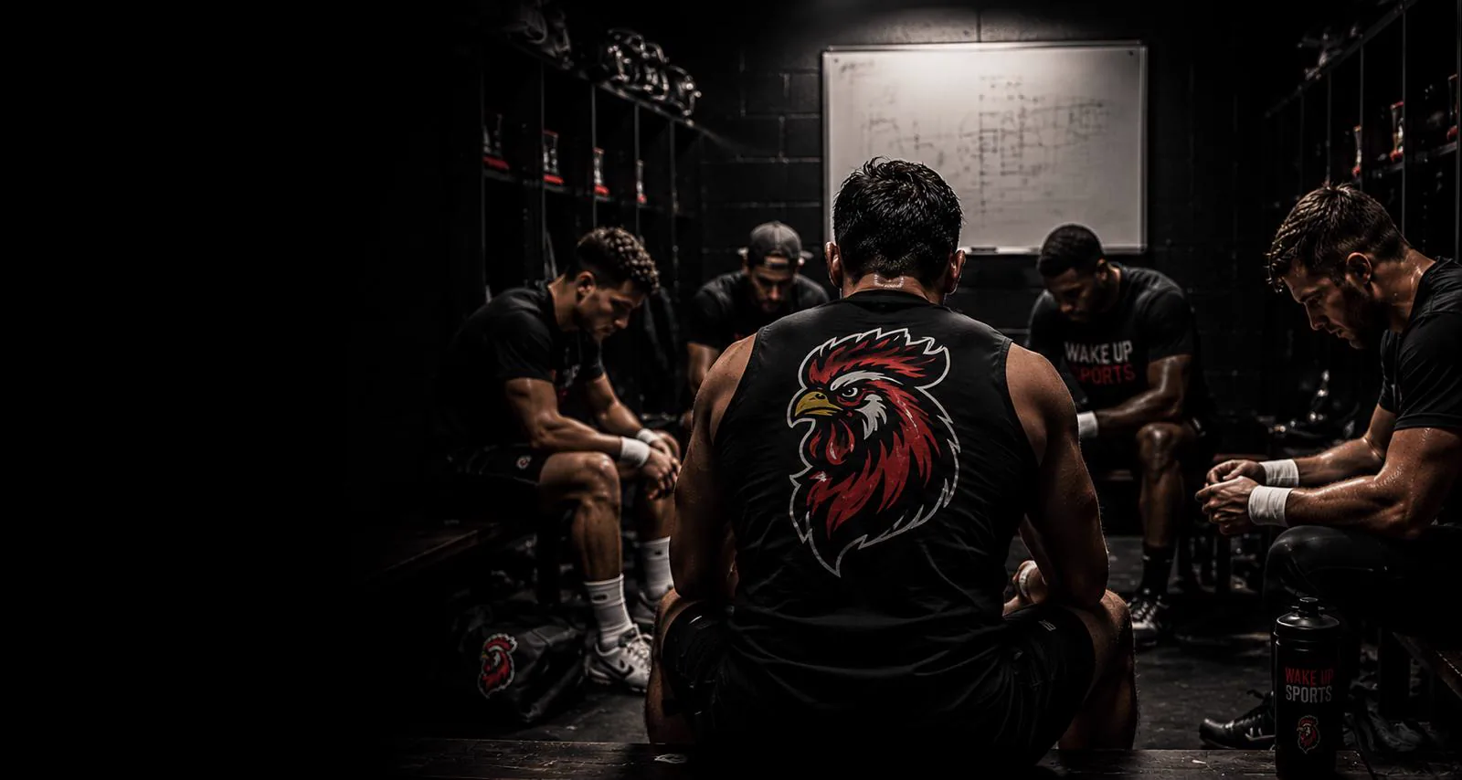 Athlete group in locker room with Wake Up Sports rooster back print