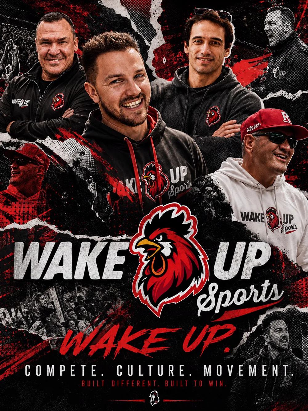 Wake Up Sports social poster with rooster mark and athlete group collage