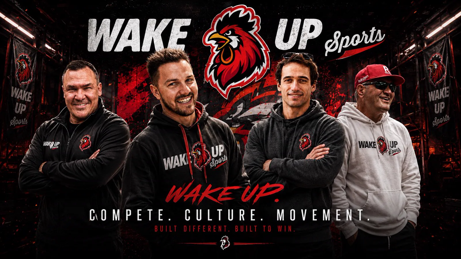 Wake Up Sports team banner with rooster logo and group portrait