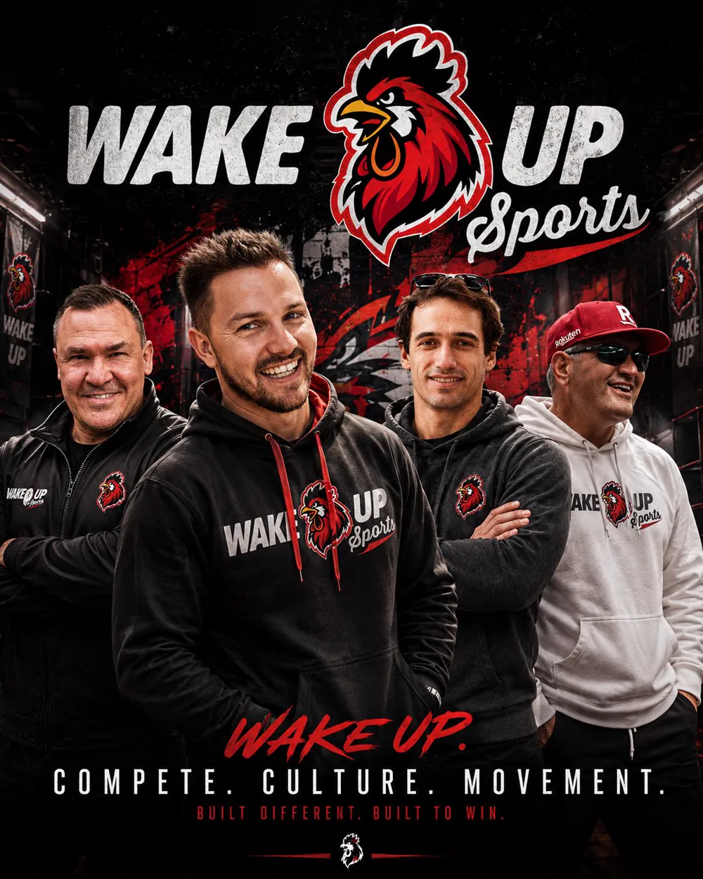 Vertical Wake Up Sports team poster with rooster logo and campaign tagline