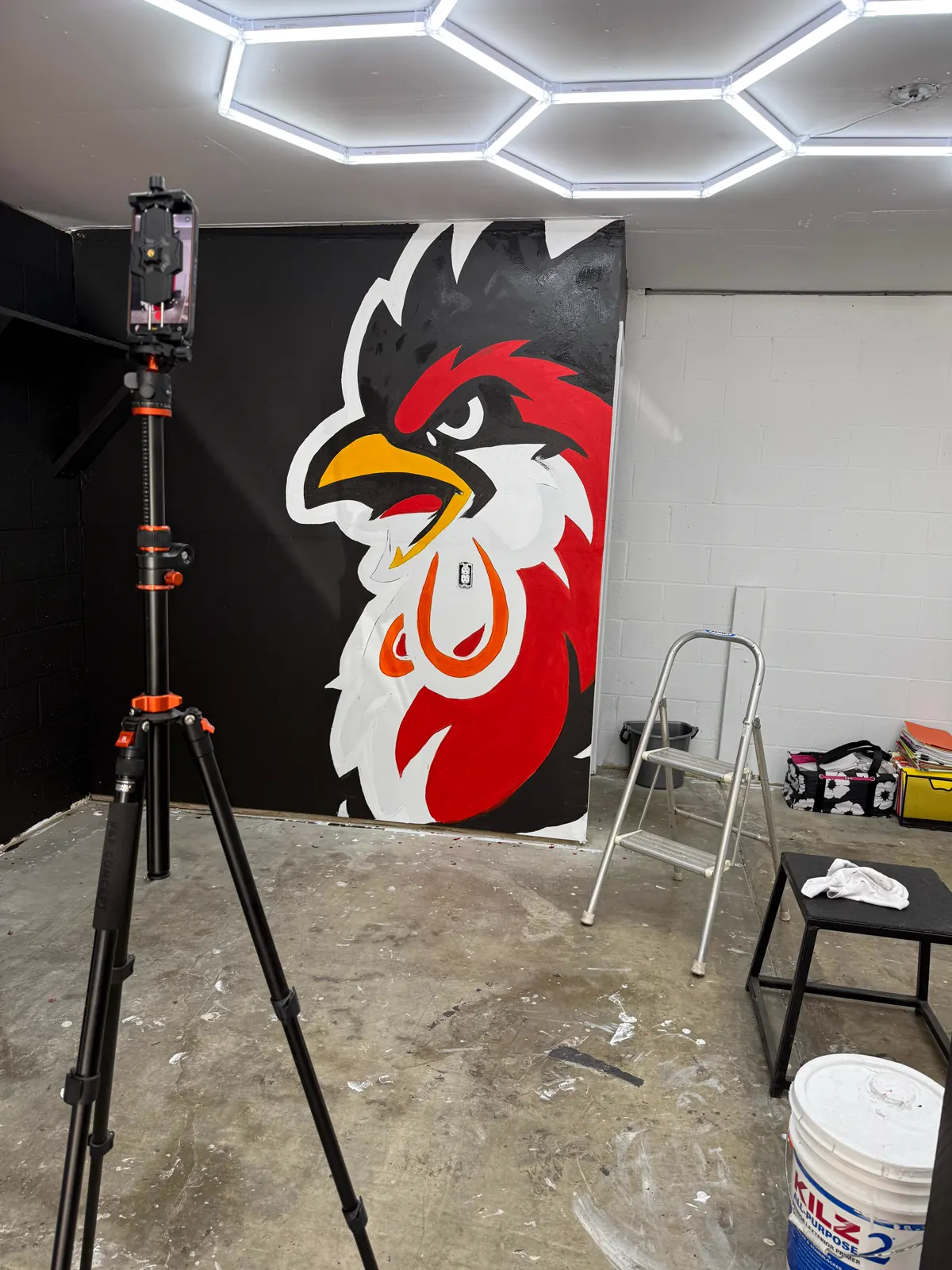 Wake Up Sports rooster mural with red crest, yellow beak, and black wall background during colour progress