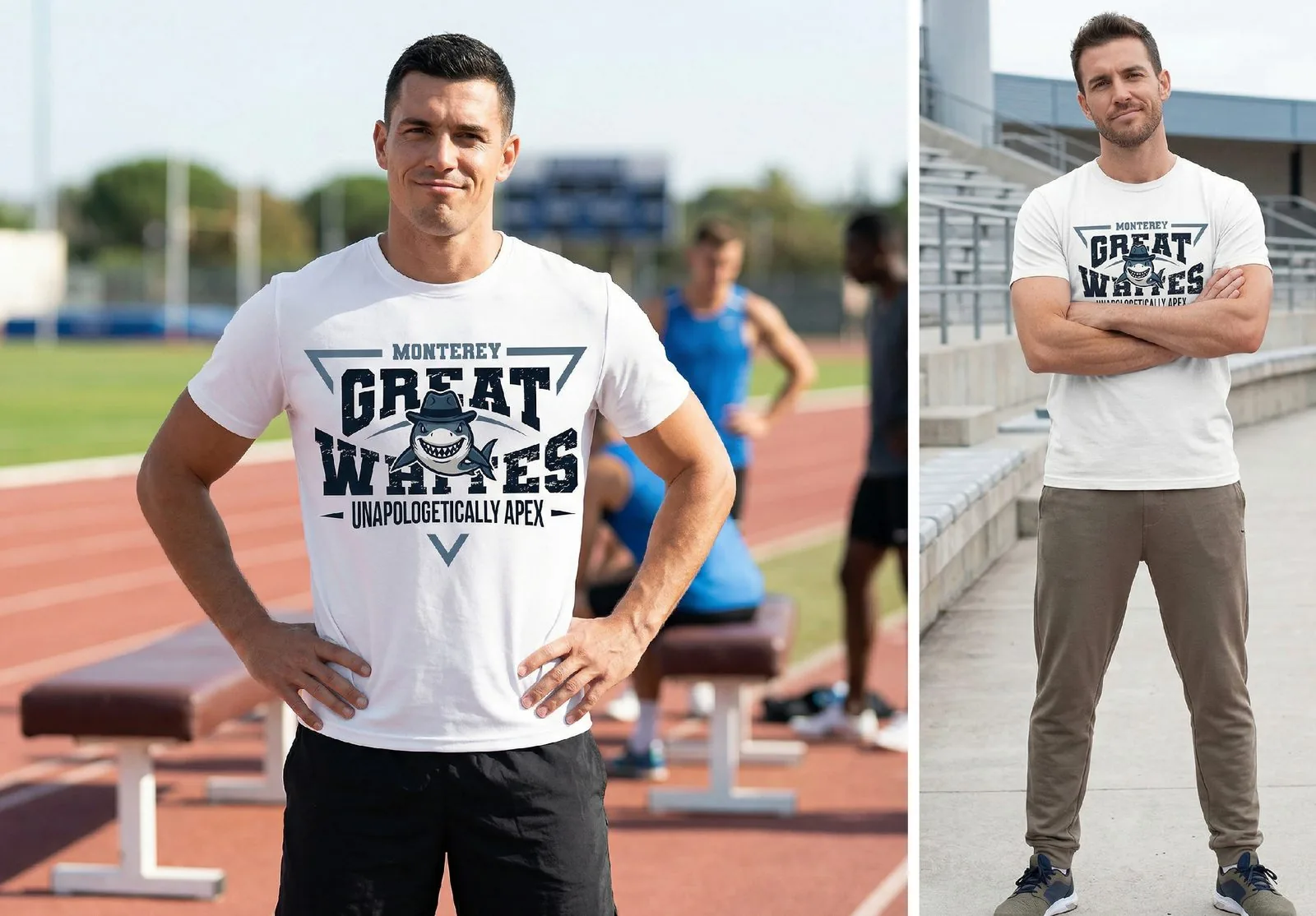 Model wearing Apex tee on running track