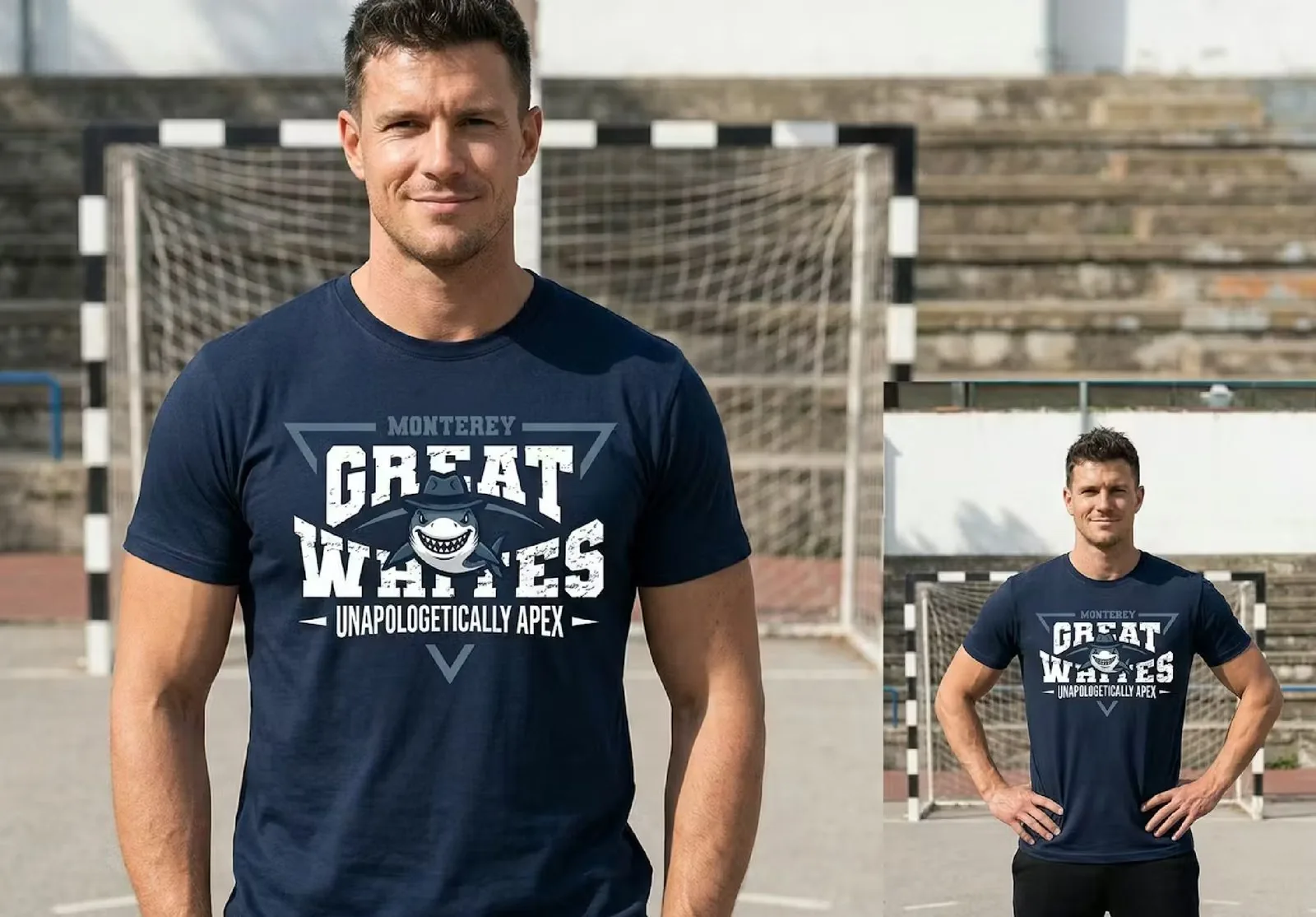Lifestyle shot of Great Whites navy apparel
