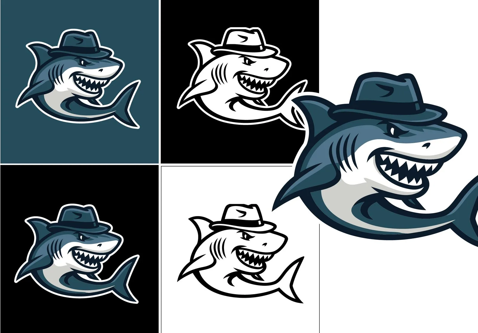 Shark mascot in five colour and background variations