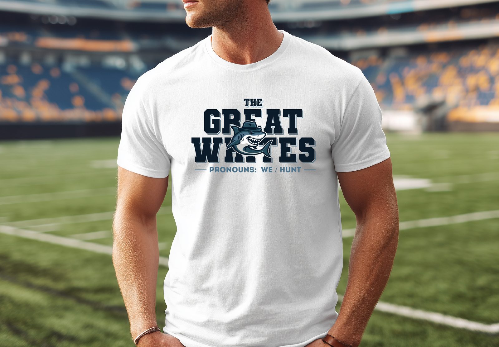 Great Whites merchandise: mug, jersey, mascot detail, water bottle