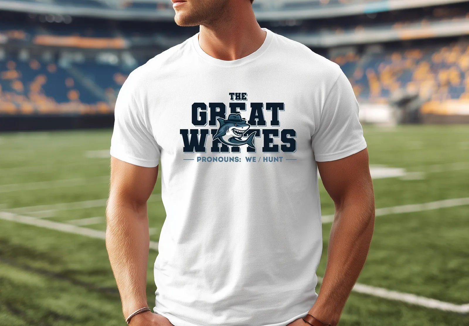 Great Whites merchandise: mug, jersey, mascot detail, water bottle