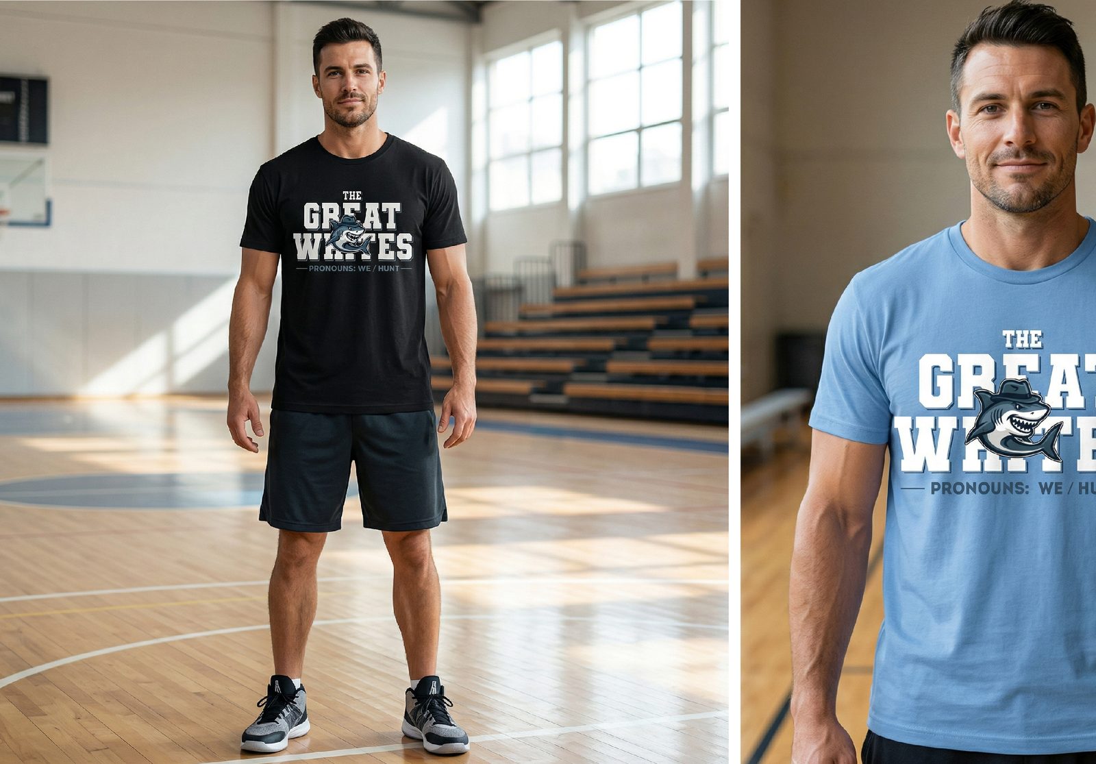 Lifestyle shots of Pronouns tee in gym and casual settings