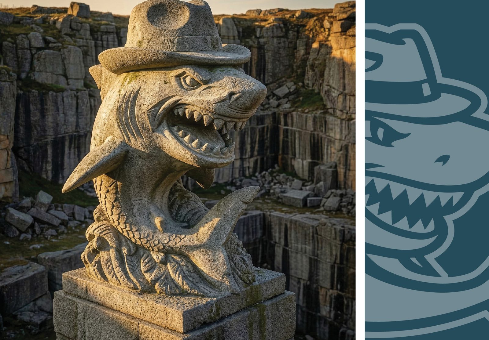 Great Whites shark mascot as stone statue