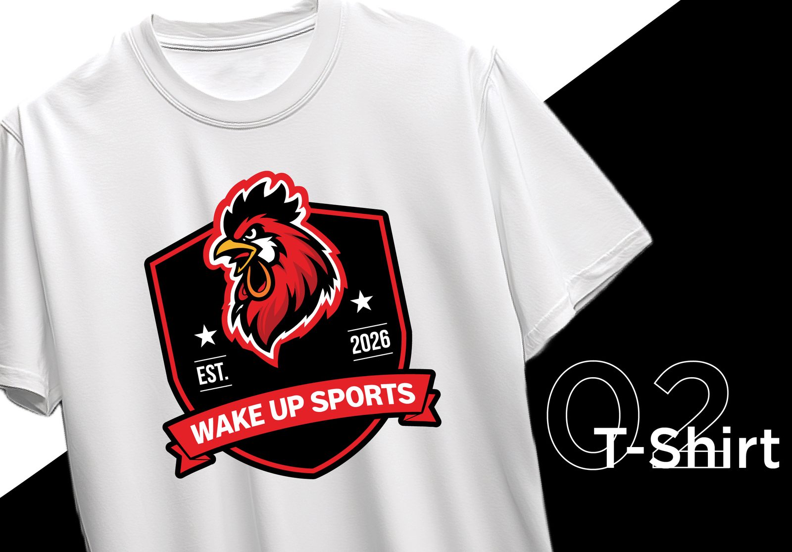 Wake Up Sports crest design on an angled t-shirt mockup