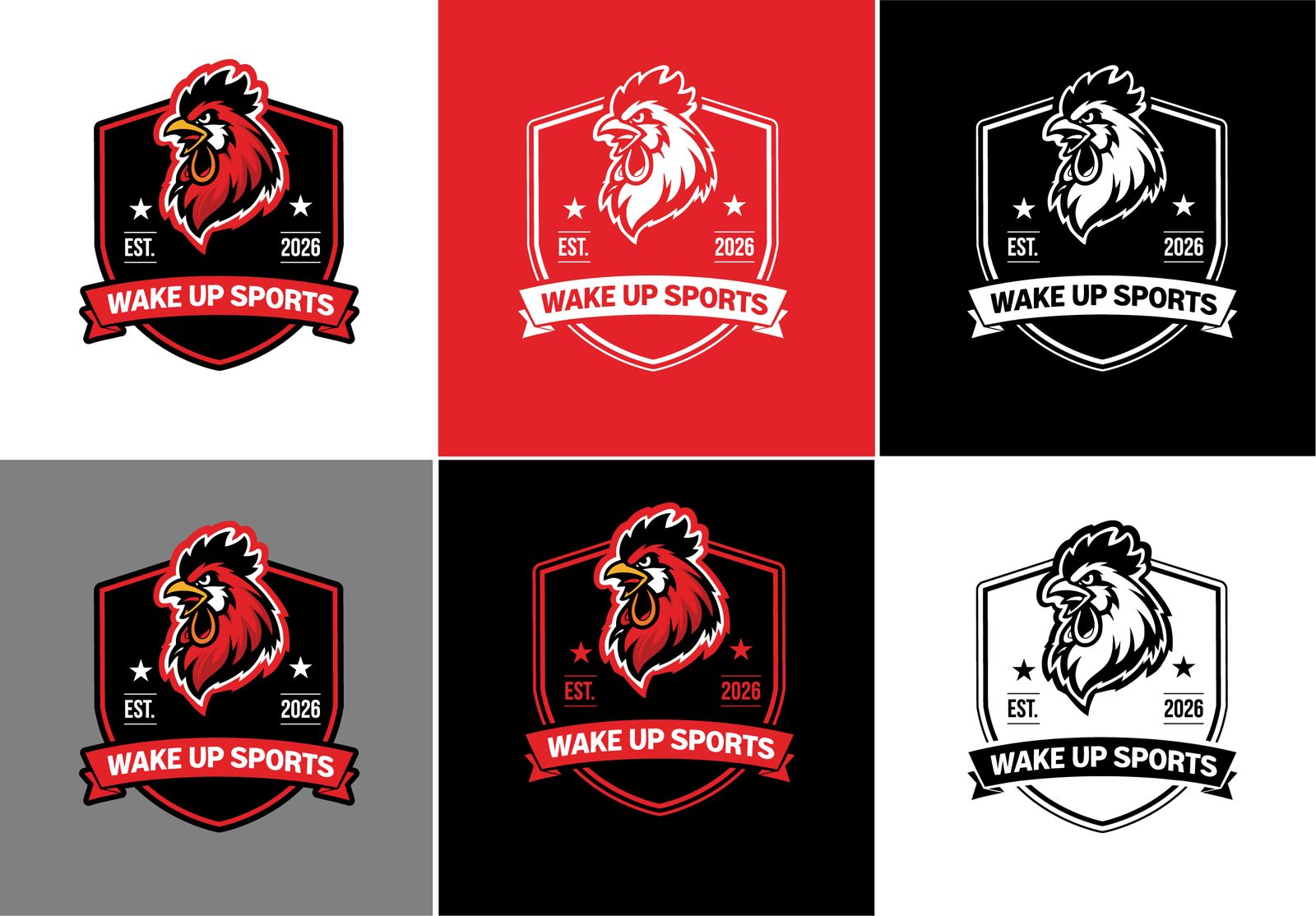Six crest badge variations across colour backgrounds