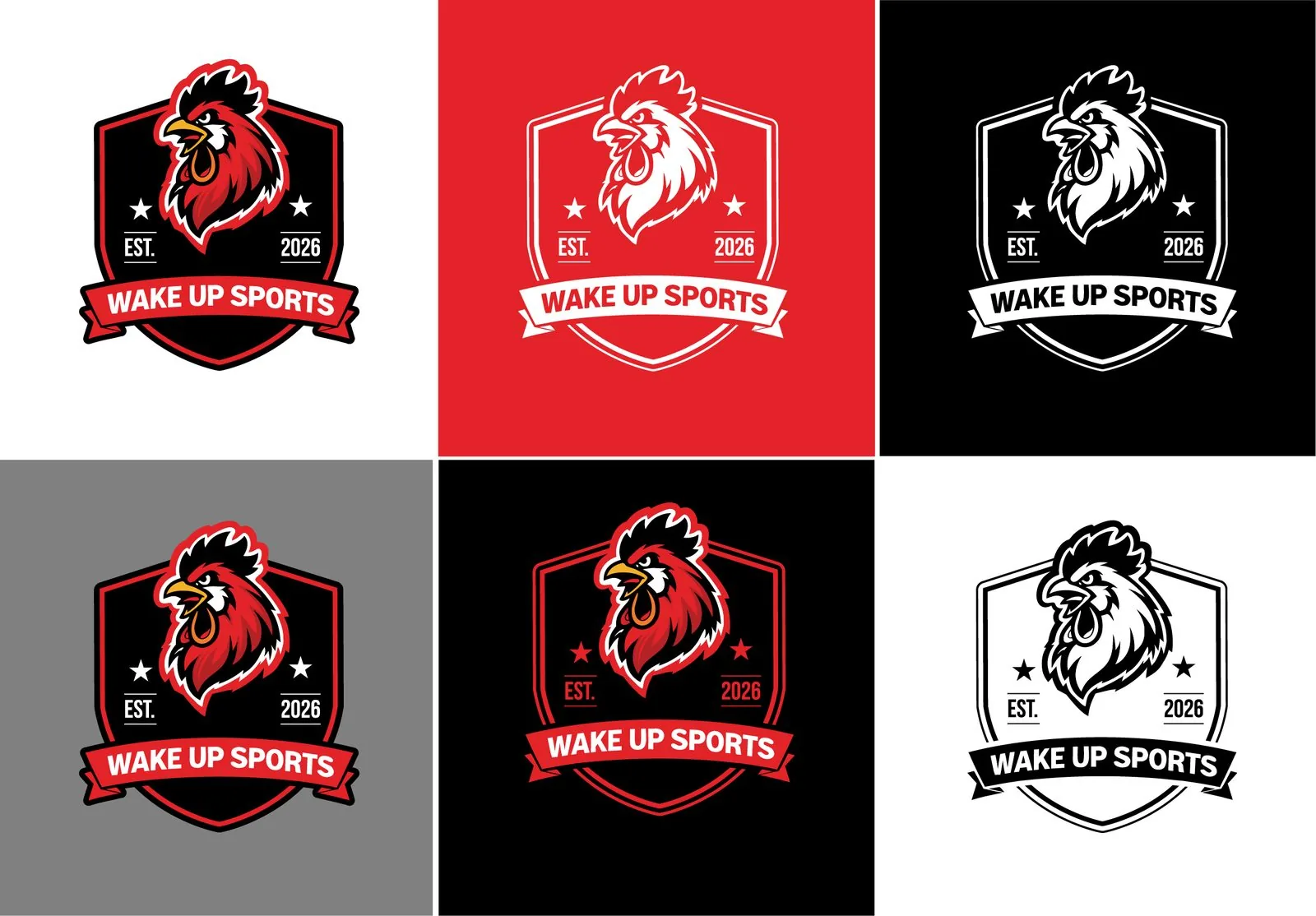 Six crest badge variations across colour backgrounds