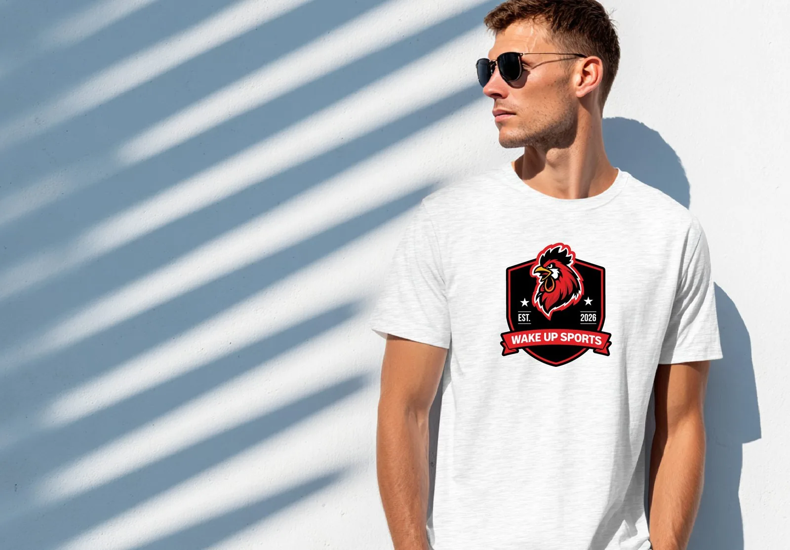 Lifestyle shot of model wearing the Wake Up Sports crest tee