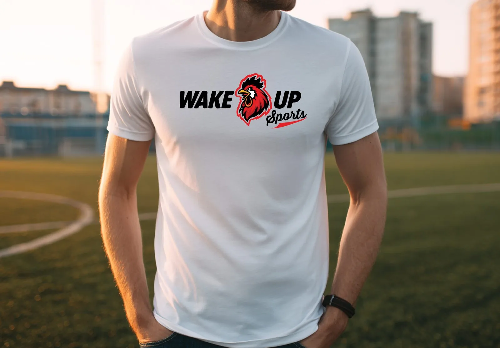 Model wearing Wake Up Sports wordmark tee on a football pitch
