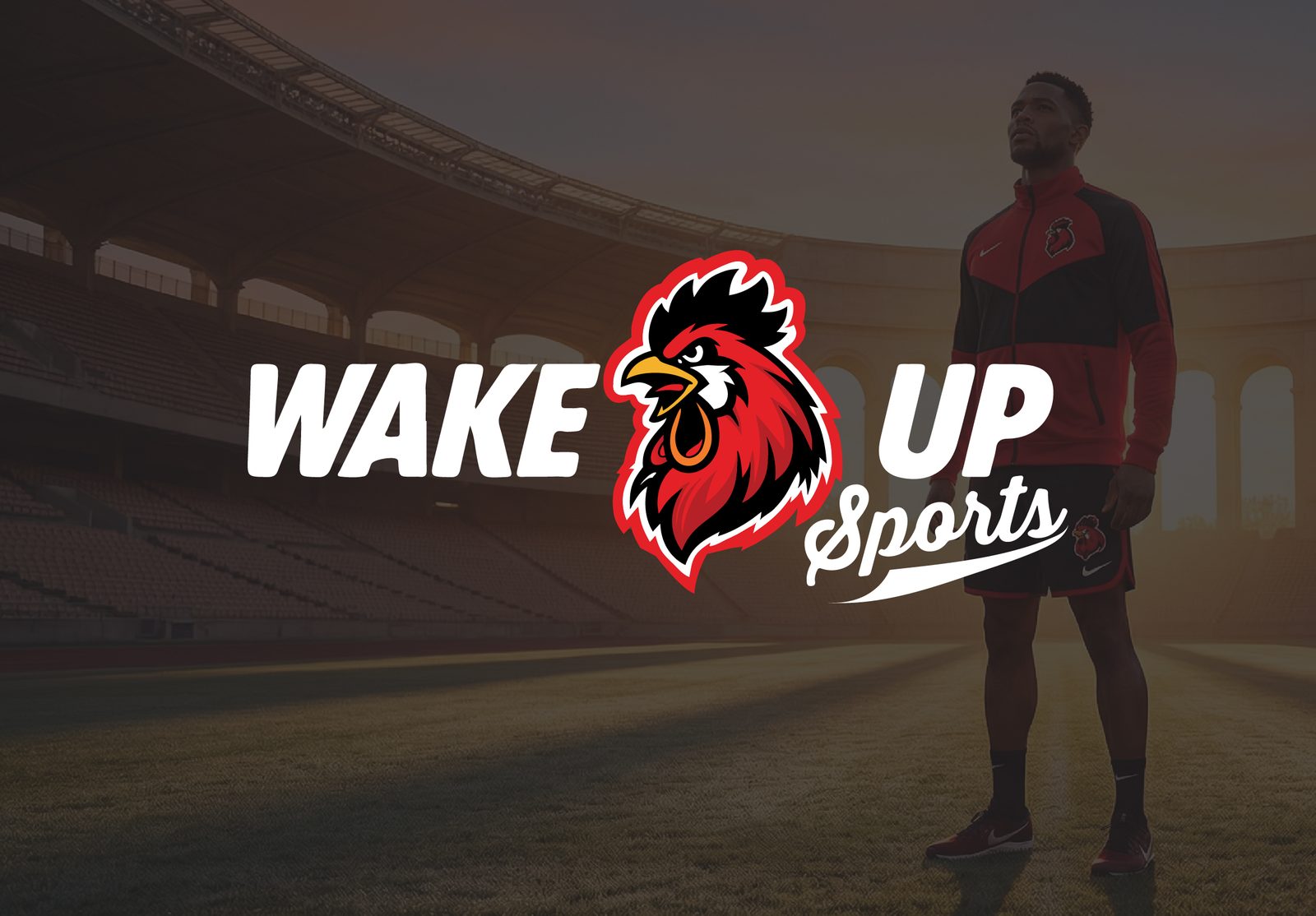 Wake Up Sports logo displayed in a stadium setting with athlete