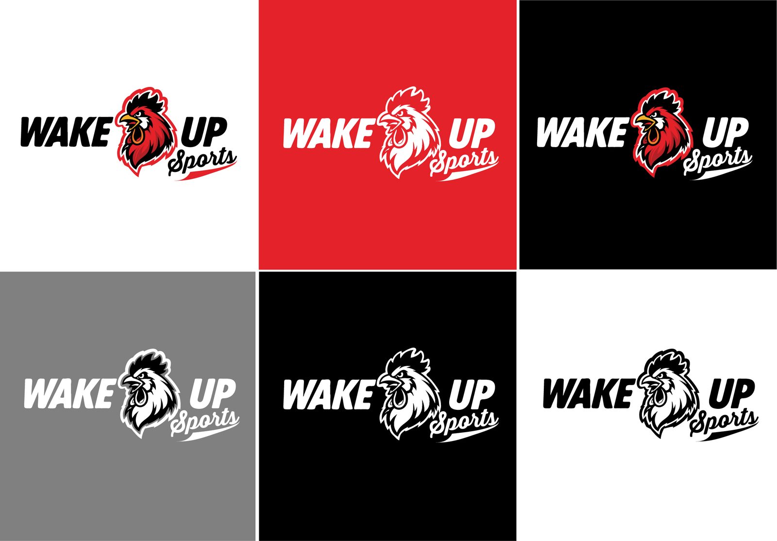 Six logo variations for the Wake Up Sports main identity