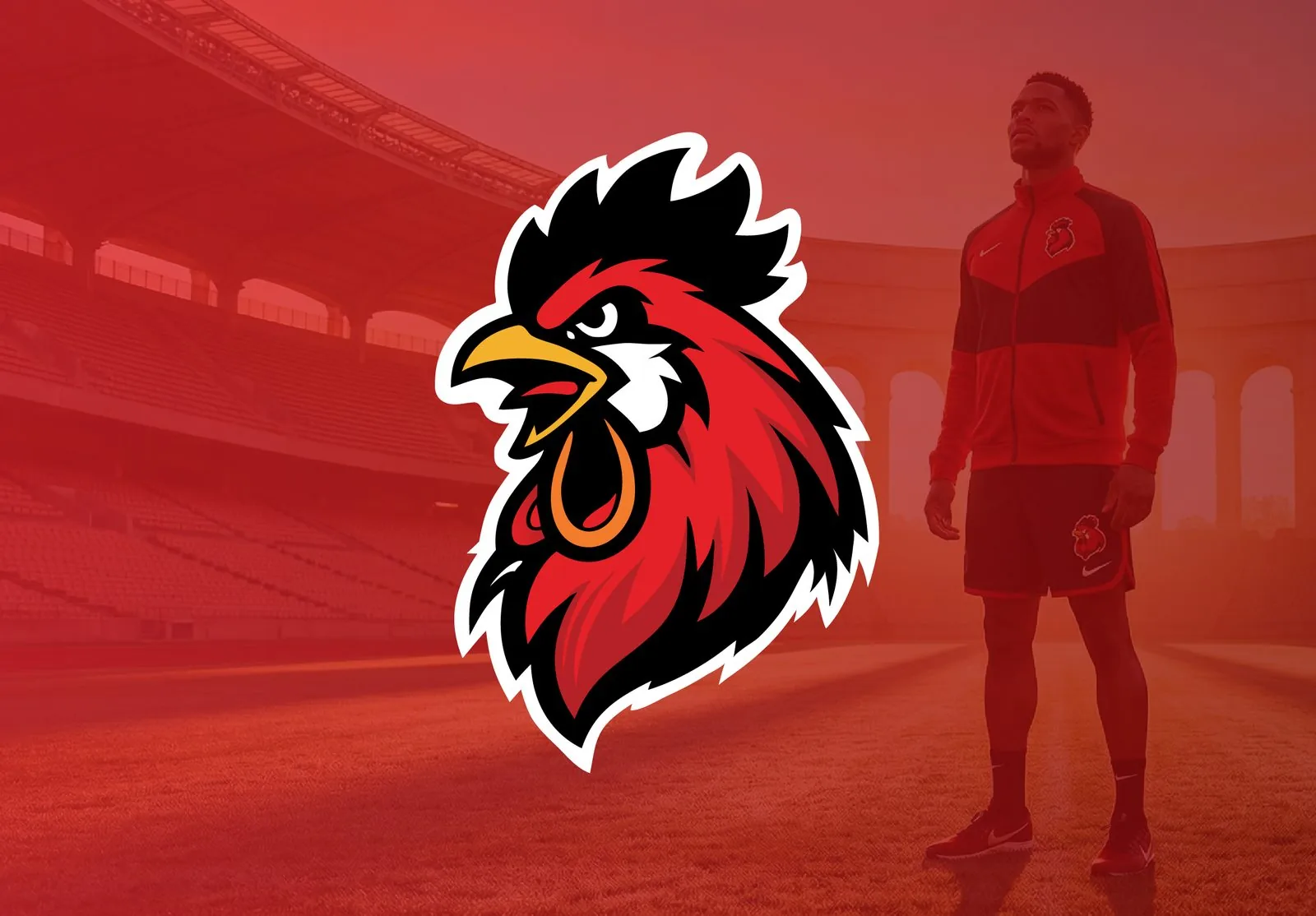 Rooster mascot on red stadium background with athlete