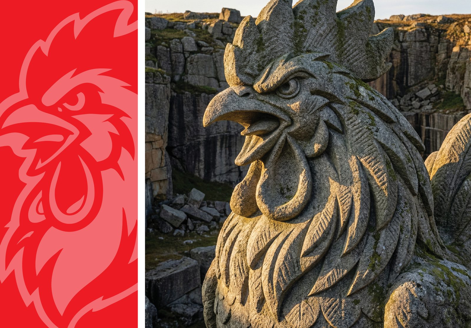 Wake Up Sports rooster mascot rendered as a monumental stone statue