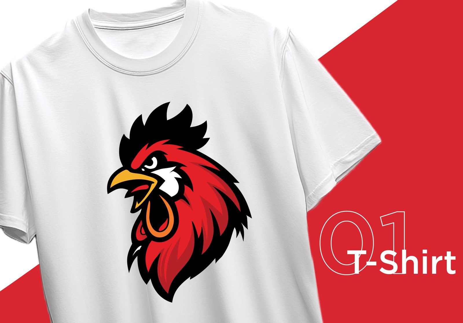 White t-shirt with rooster mascot on red background