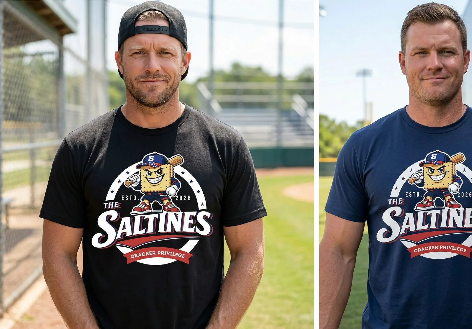 Cracker Privilege tee in black and navy on models at baseball field
