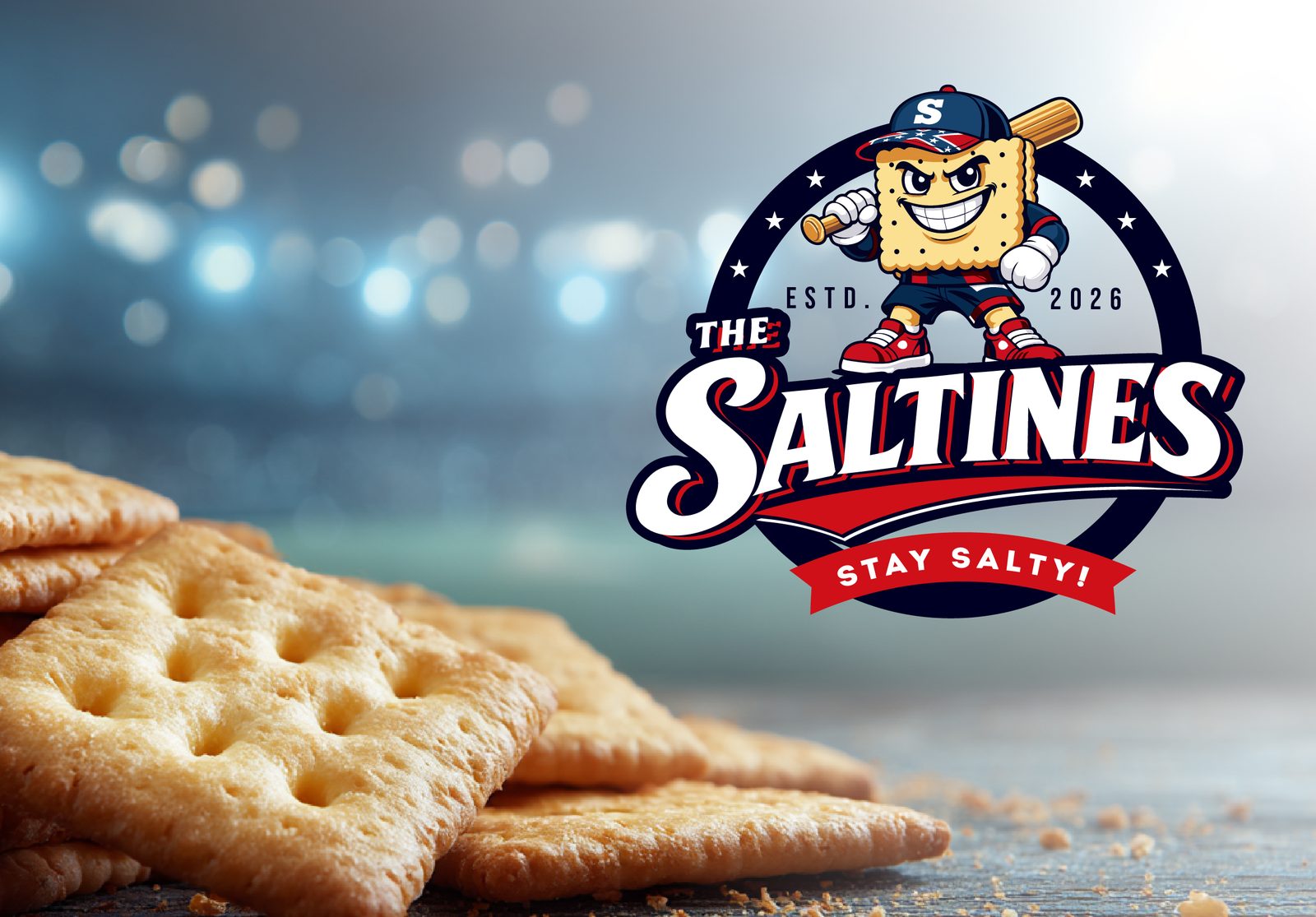 The Saltines Stay Salty logo over stadium with crackers