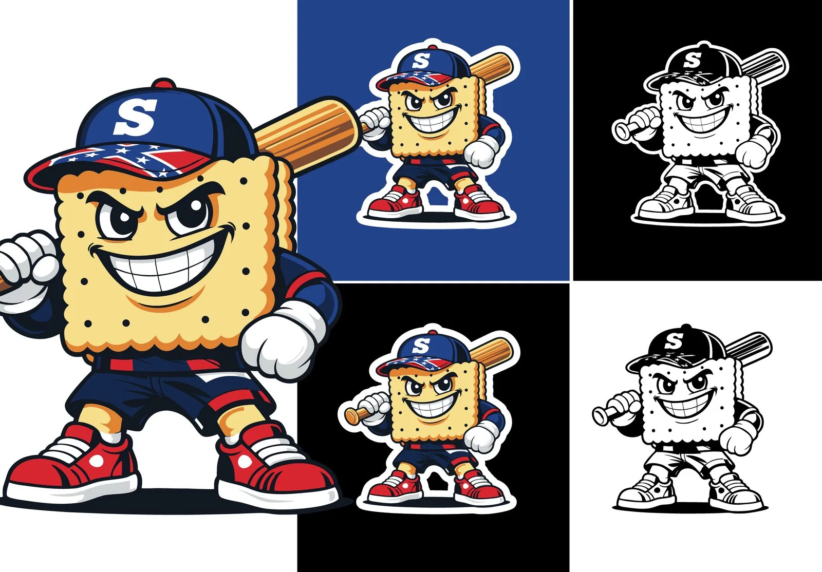Cracker mascot in five colour and background variations