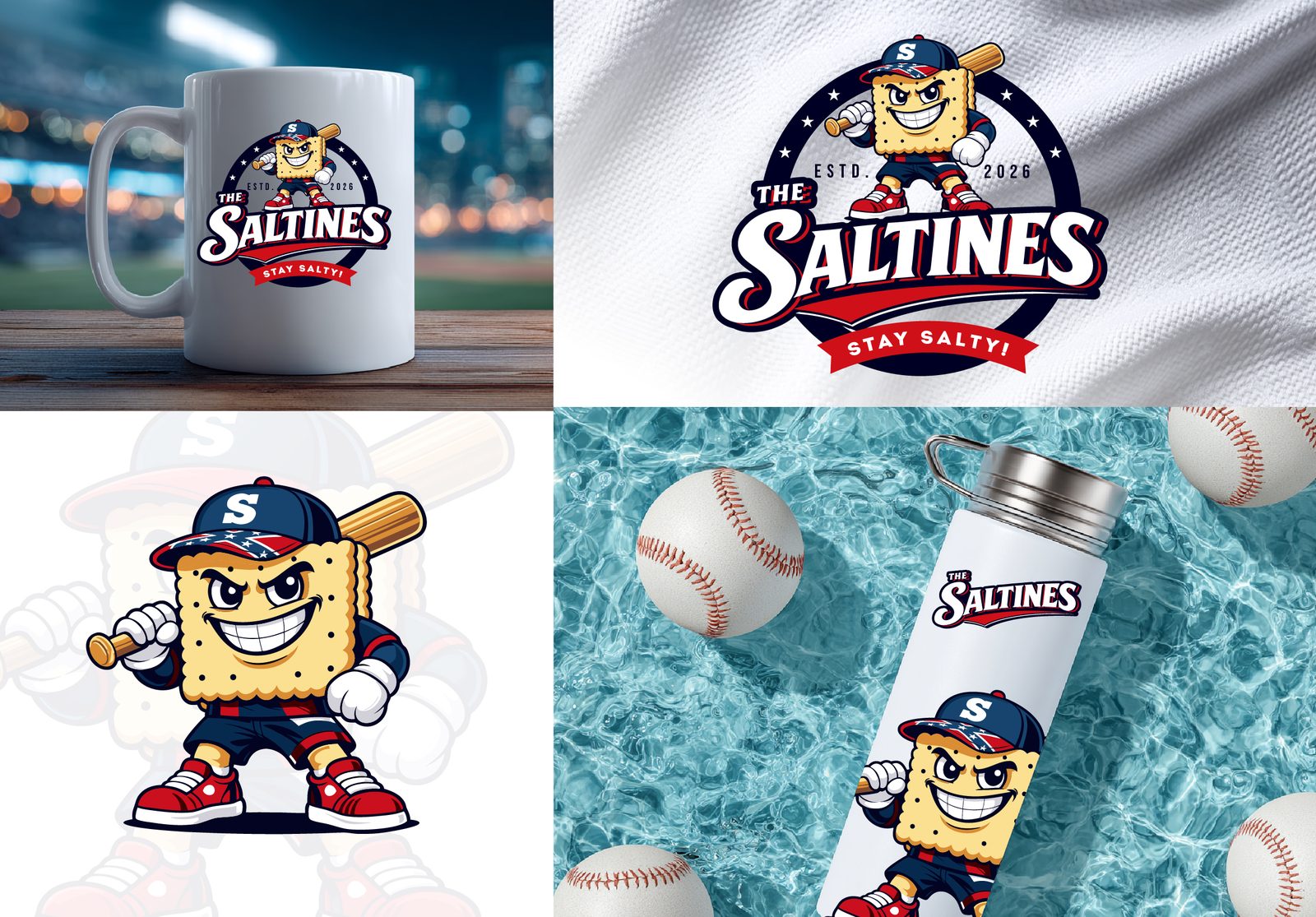 Saltines merchandise: mug, jersey, mascot detail, water bottle