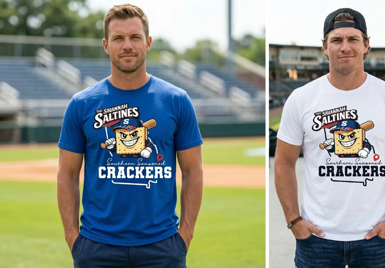 Southern Seasoned tee in blue and white on models