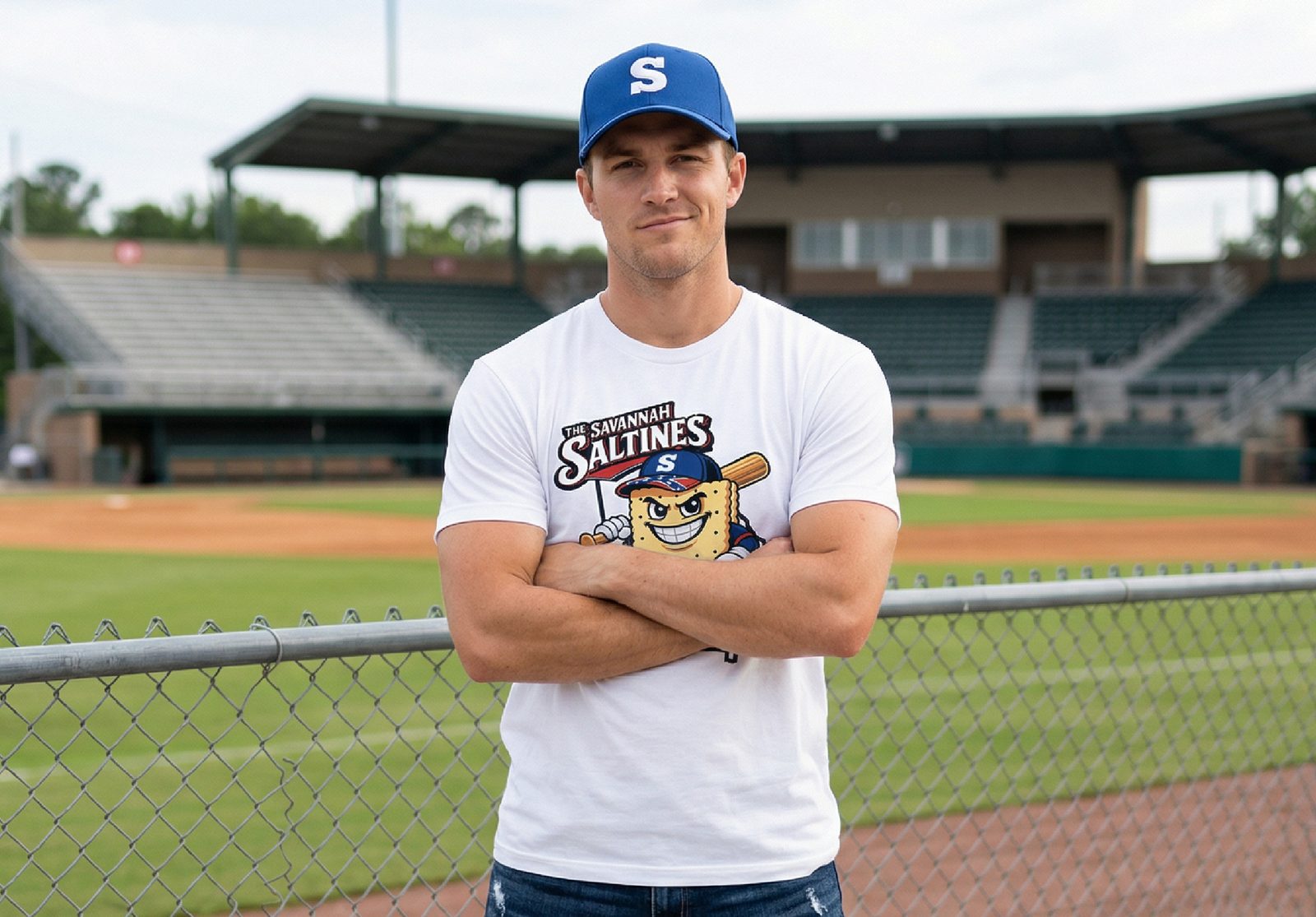 Model in Saltines cap and tee at stadium