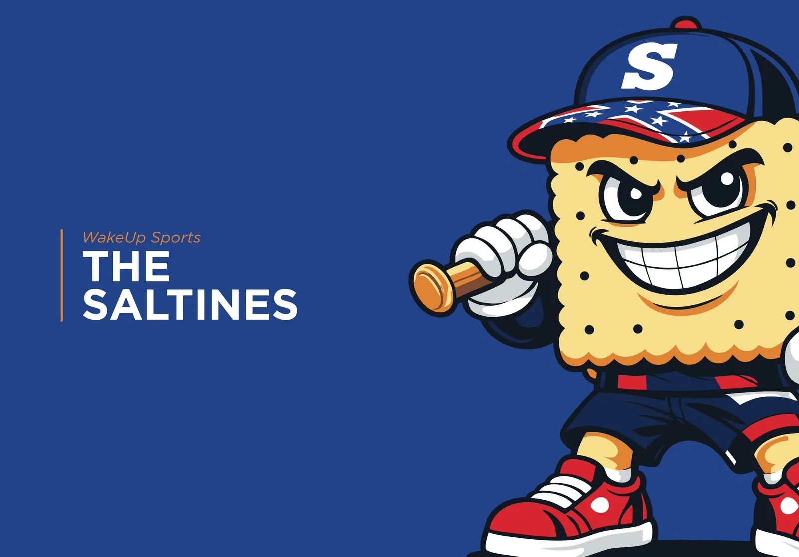 The Saltines franchise title card with mascot on blue background