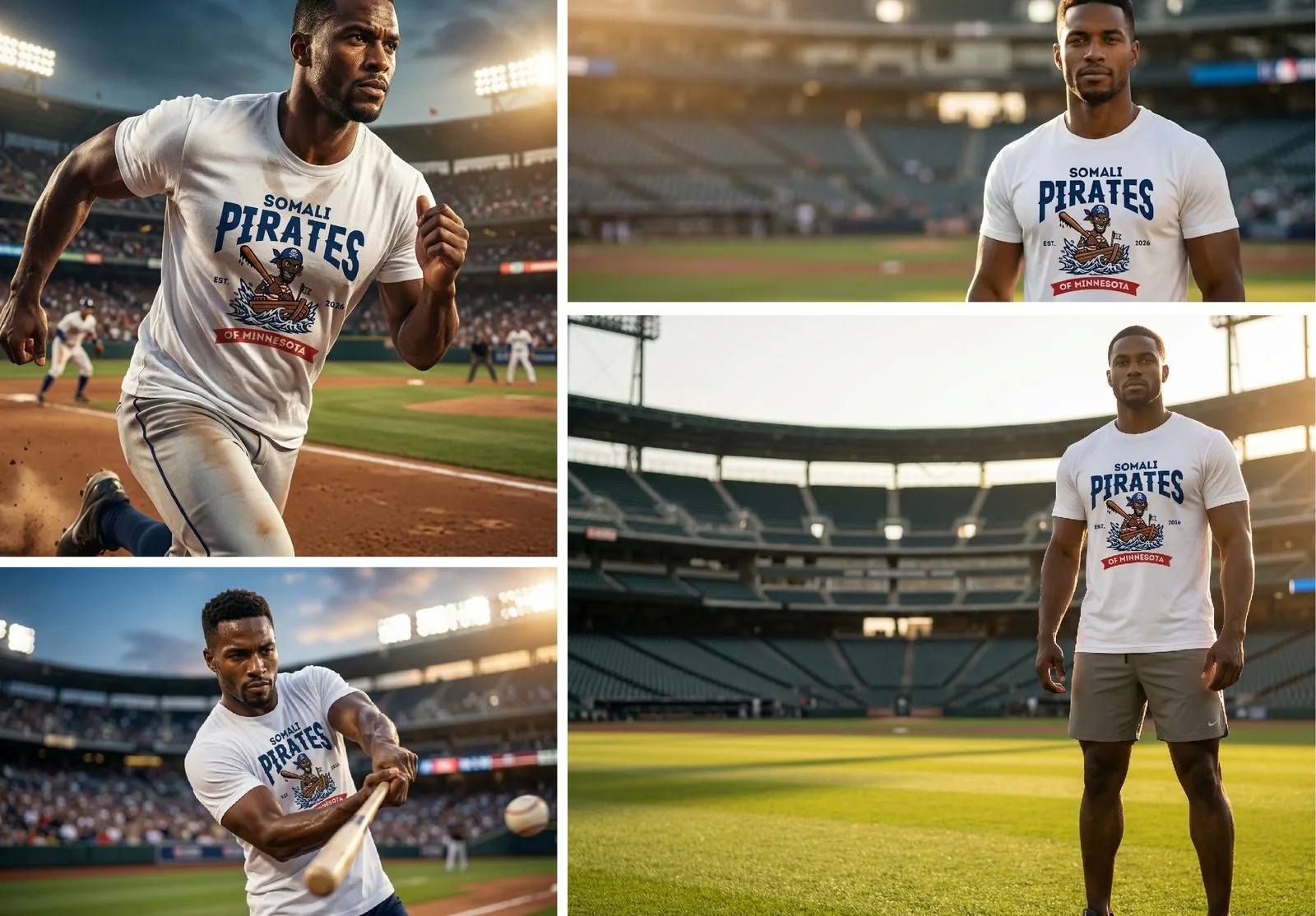 Four lifestyle shots of Somali Pirates team tee at baseball venues